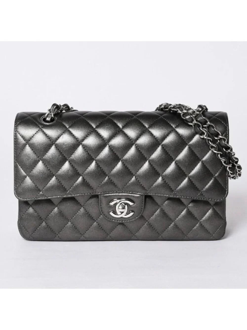 Chanel Quilted 25 Double Flap Chain Shoulder Bag Shine Gray Lambskin Silver
